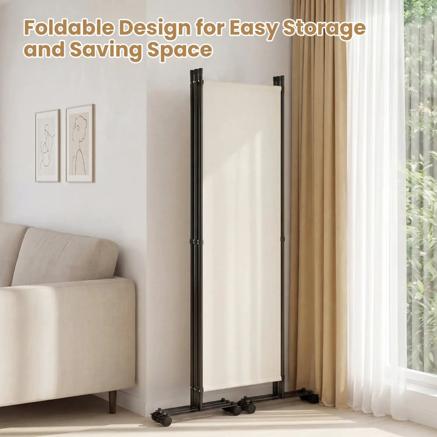 Four Panel Room Divider With Lockable Wheels