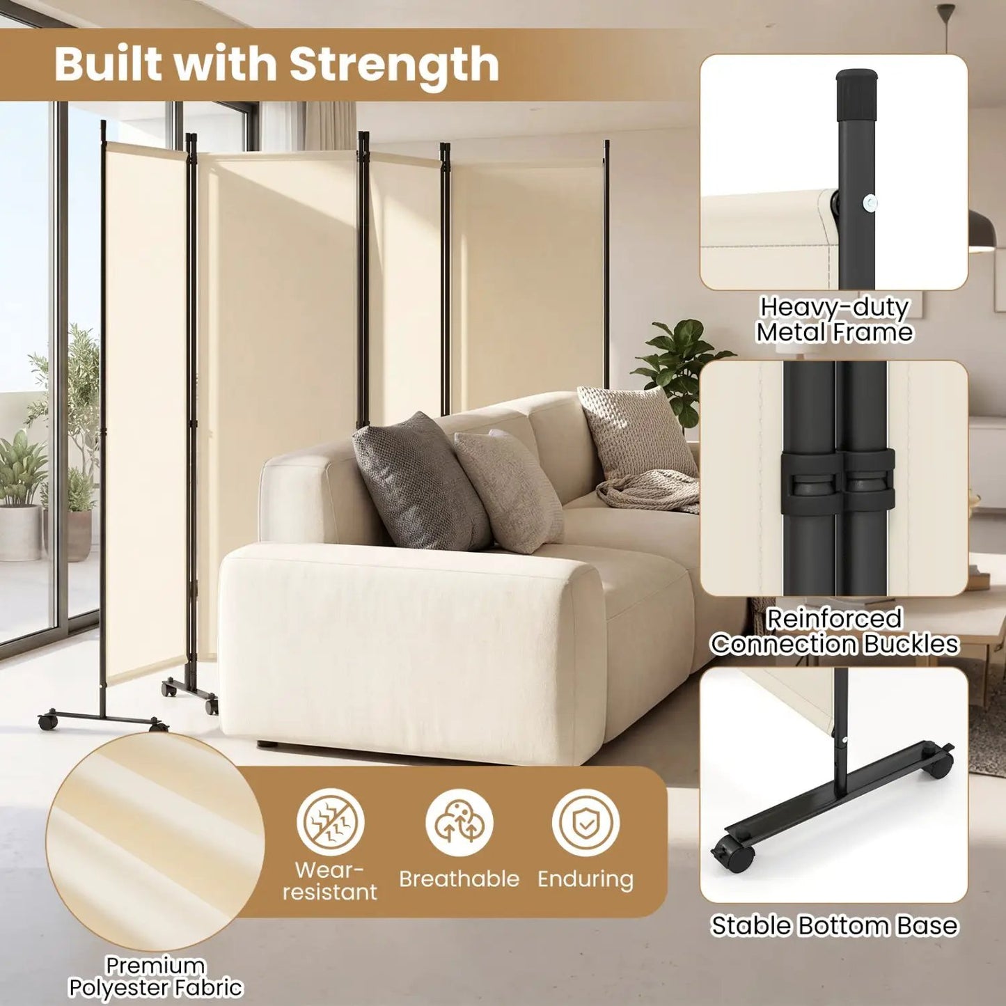 Four Panel Room Divider With Lockable Wheels