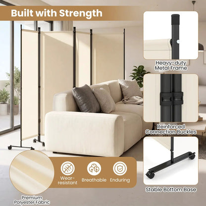 Four Panel Room Divider With Lockable Wheels