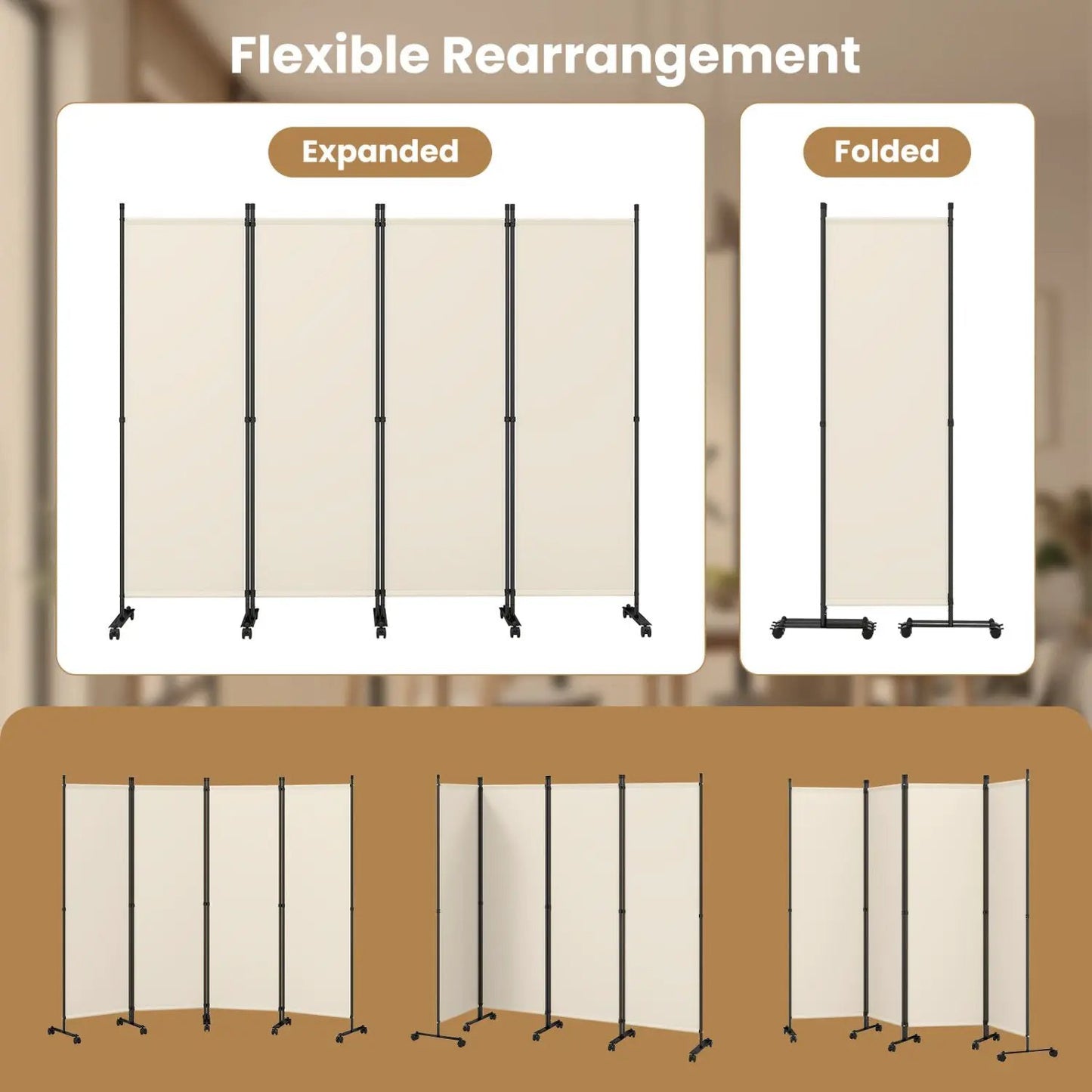 Four Panel Room Divider With Lockable Wheels