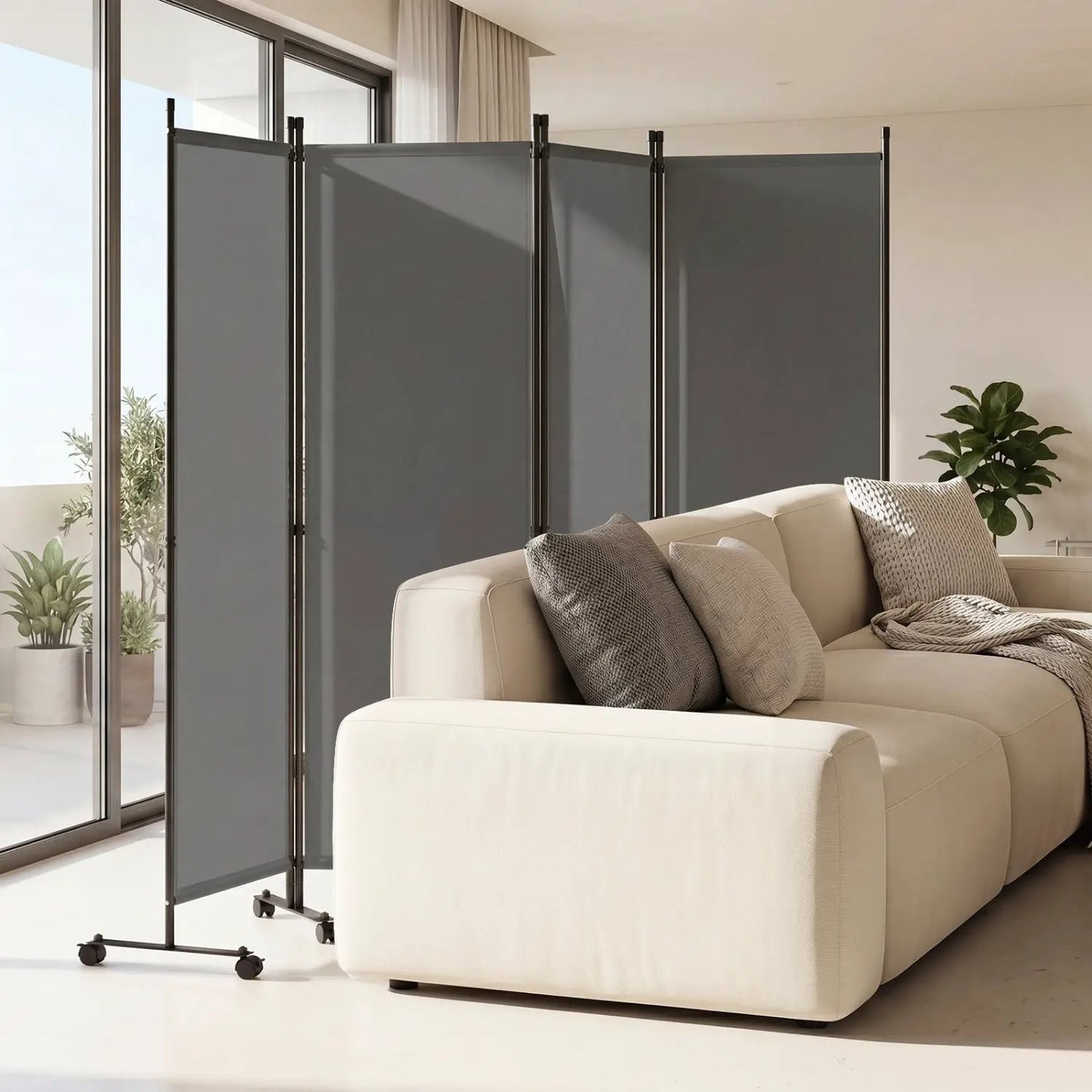 Four Panel Room Divider With Lockable Wheels