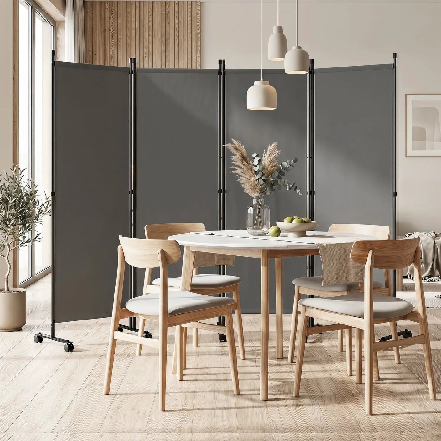 Four Panel Room Divider With Lockable Wheels