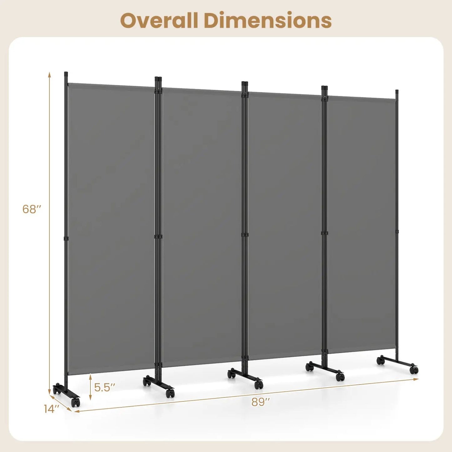 Four Panel Room Divider With Lockable Wheels