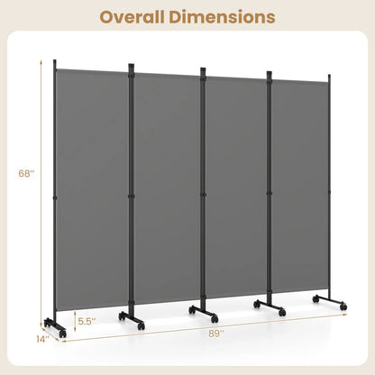 Four Panel Room Divider With Lockable Wheels