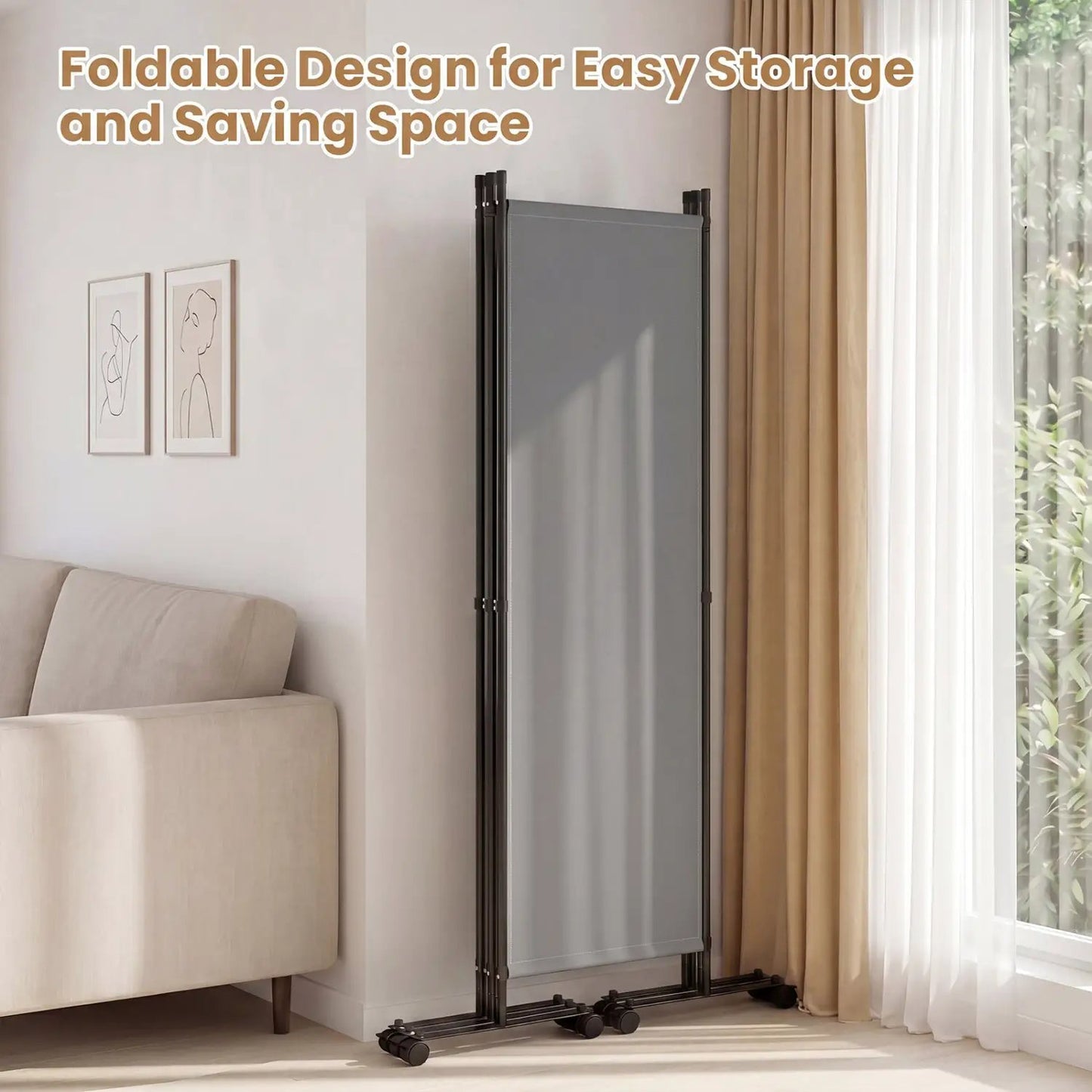 Four Panel Room Divider With Lockable Wheels