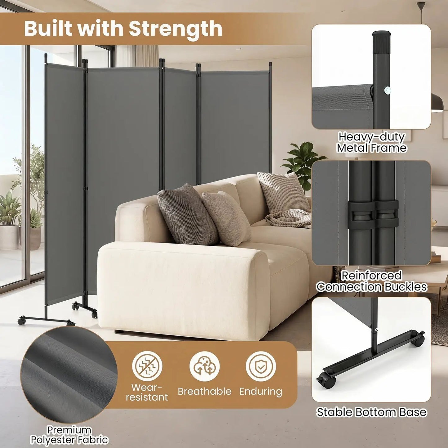 Four Panel Room Divider With Lockable Wheels