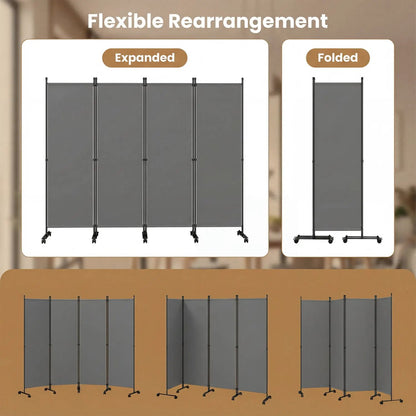 Four Panel Room Divider With Lockable Wheels