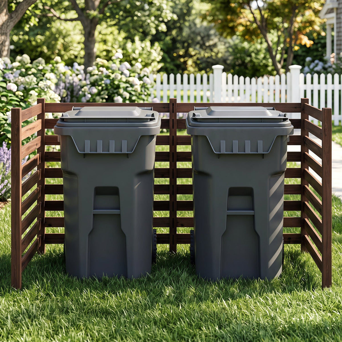 4-Panel DirectDeals wooden privacy fence with ground stakes surrounds two gray trash bins on Tampa Home & Garden Store