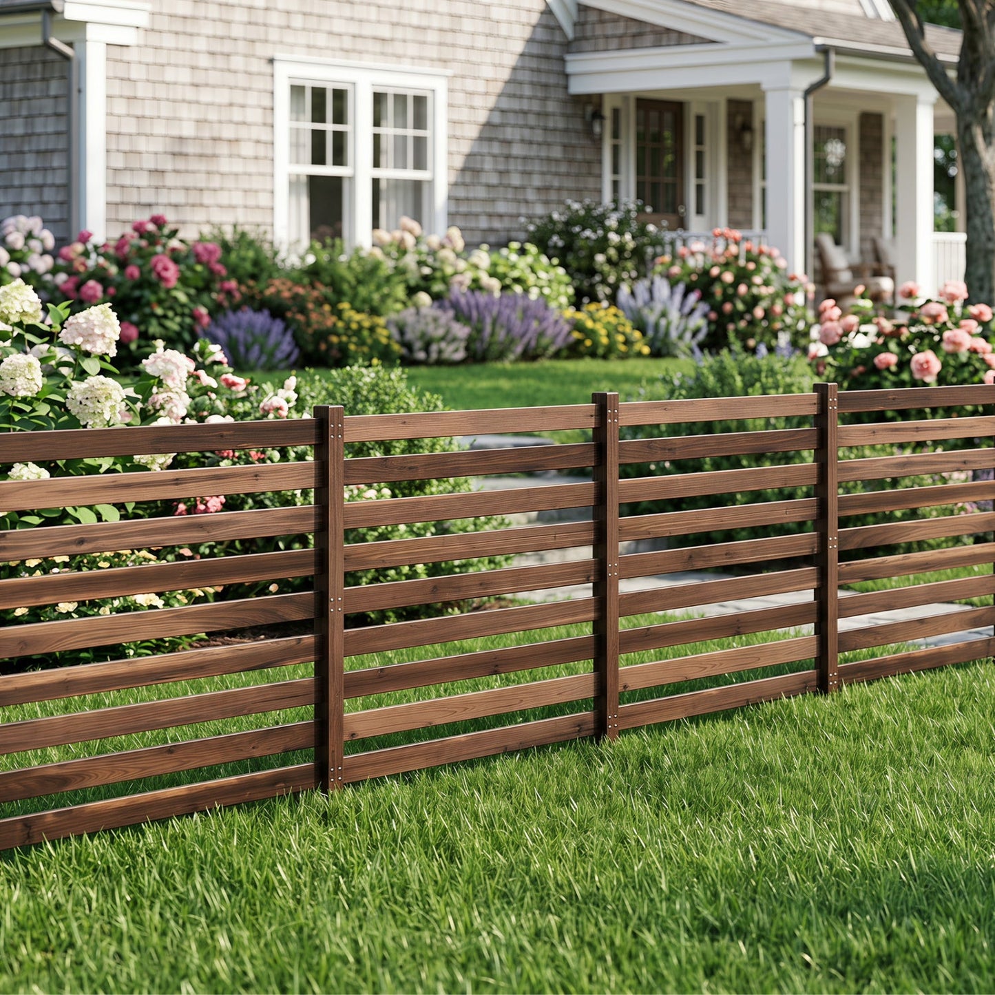 4-panel wooden outdoor privacy fence with ground stakes, brown finish by DirectDeals on Tampa Home & Garden Store