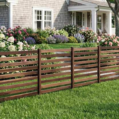 4-panel wooden outdoor privacy fence with ground stakes, brown finish by DirectDeals on Tampa Home & Garden Store