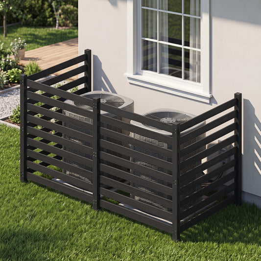 DirectDeals 4-panel dark wood outdoor privacy fence with ground stakes around AC units on Tampa Home & Garden Store