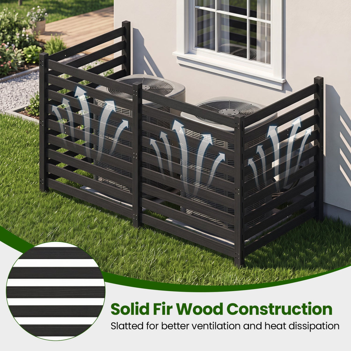 4-panel privacy fence by DirectDeals with ground stakes in dark fir wood around two AC units on Tampa Home & Garden Store
