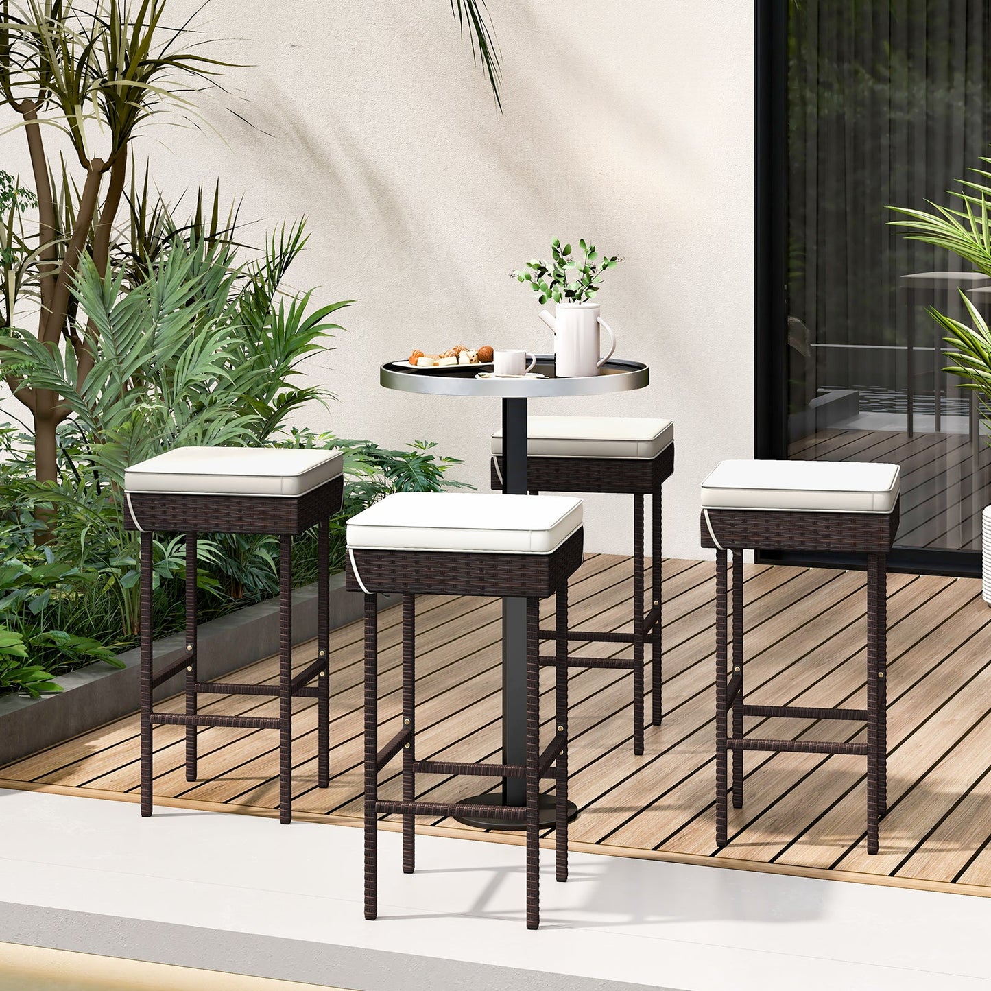 Juego de taburetes de bar de ratán para patio de 2 o 4, con reposapiés y cojines suaves para balcón/patio trasero - 4 piezas