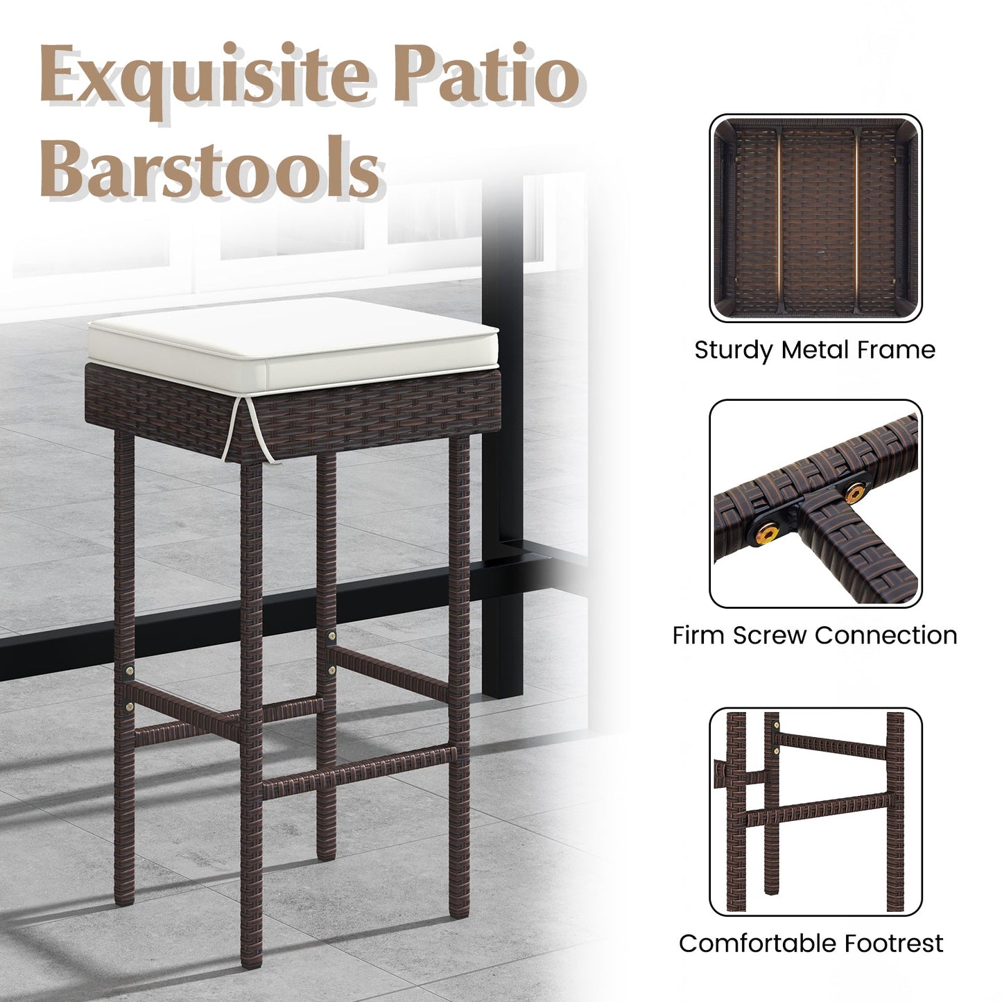 Juego de taburetes de bar de ratán para patio de 2 o 4, con reposapiés y cojines suaves para balcón/patio trasero - 4 piezas
