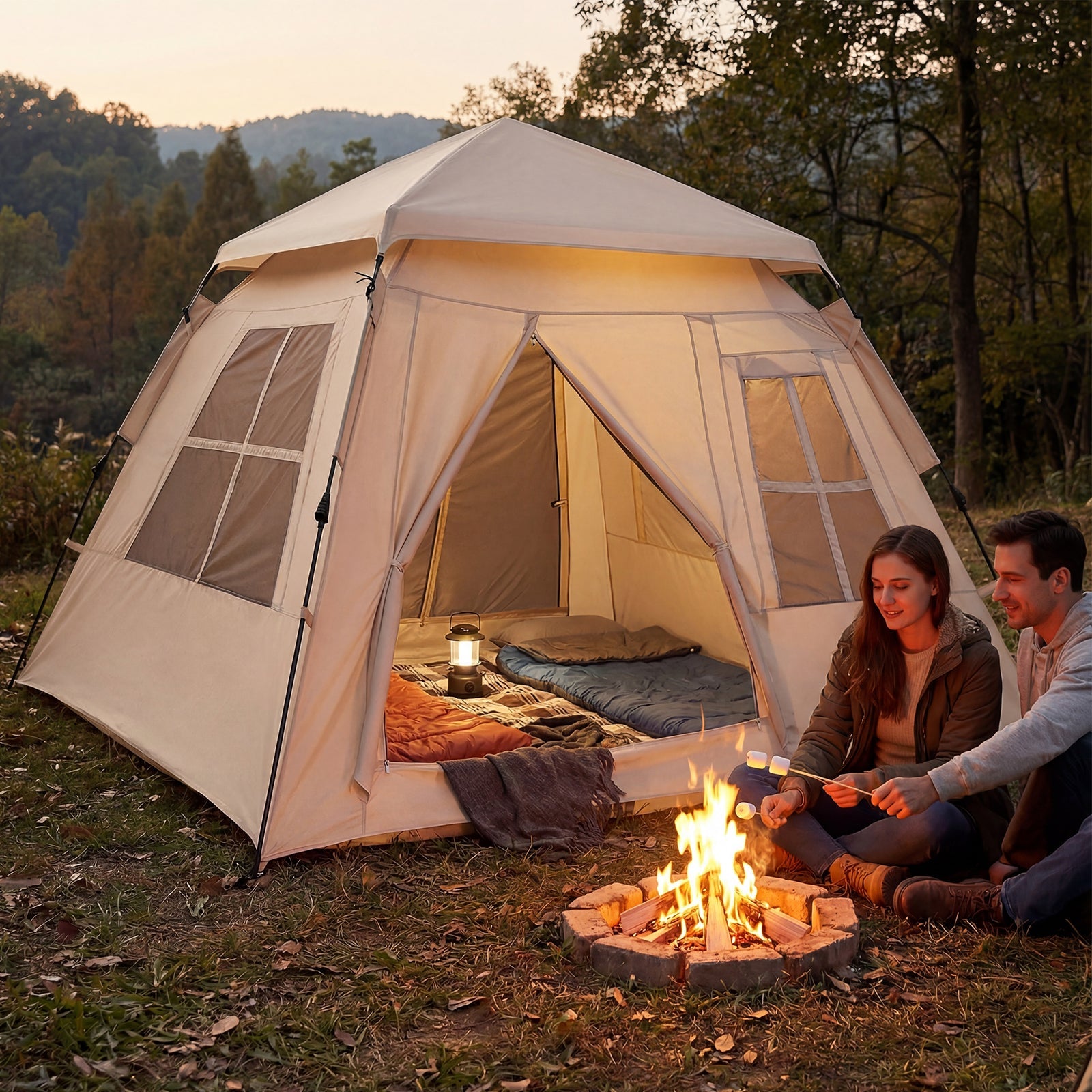 GemGear 4-Person Camping Tent with rainfly, beige canvas, pop-up design and 2 doors on Tampa Home & Garden Store