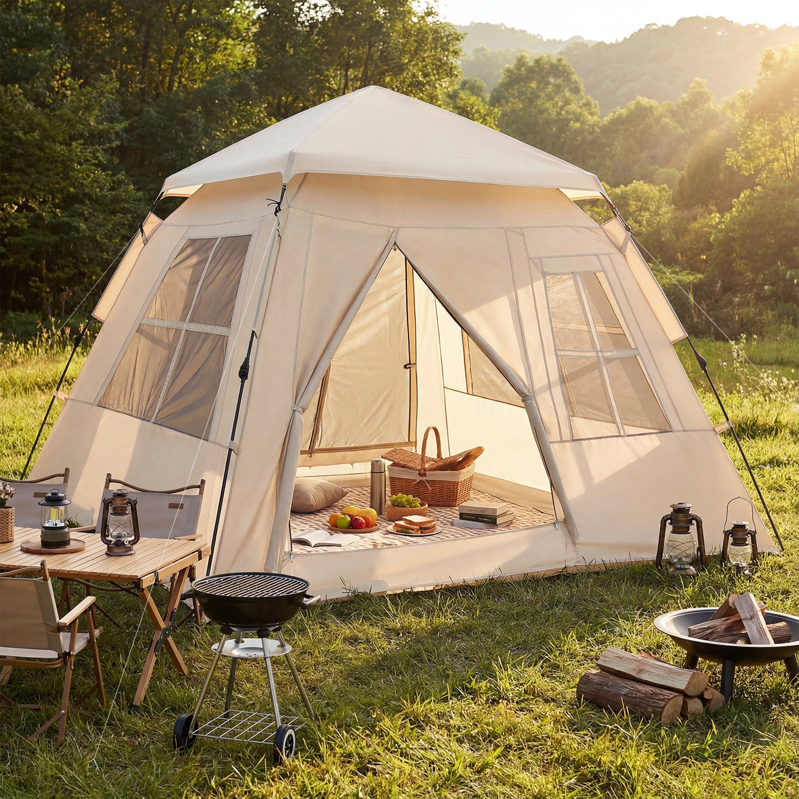 GemGear 4-Person Pop-Up Camping Tent beige with rainfly and 2 doors on Tampa Home & Garden Store