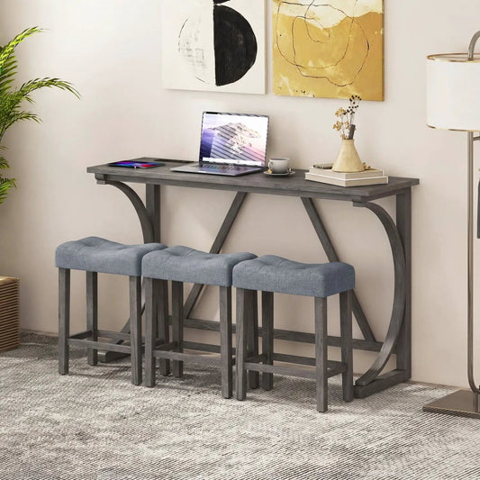 4-Piece bar table set with gray wood finish and three blue-gray tufted stools on Tampa Home & Garden Store