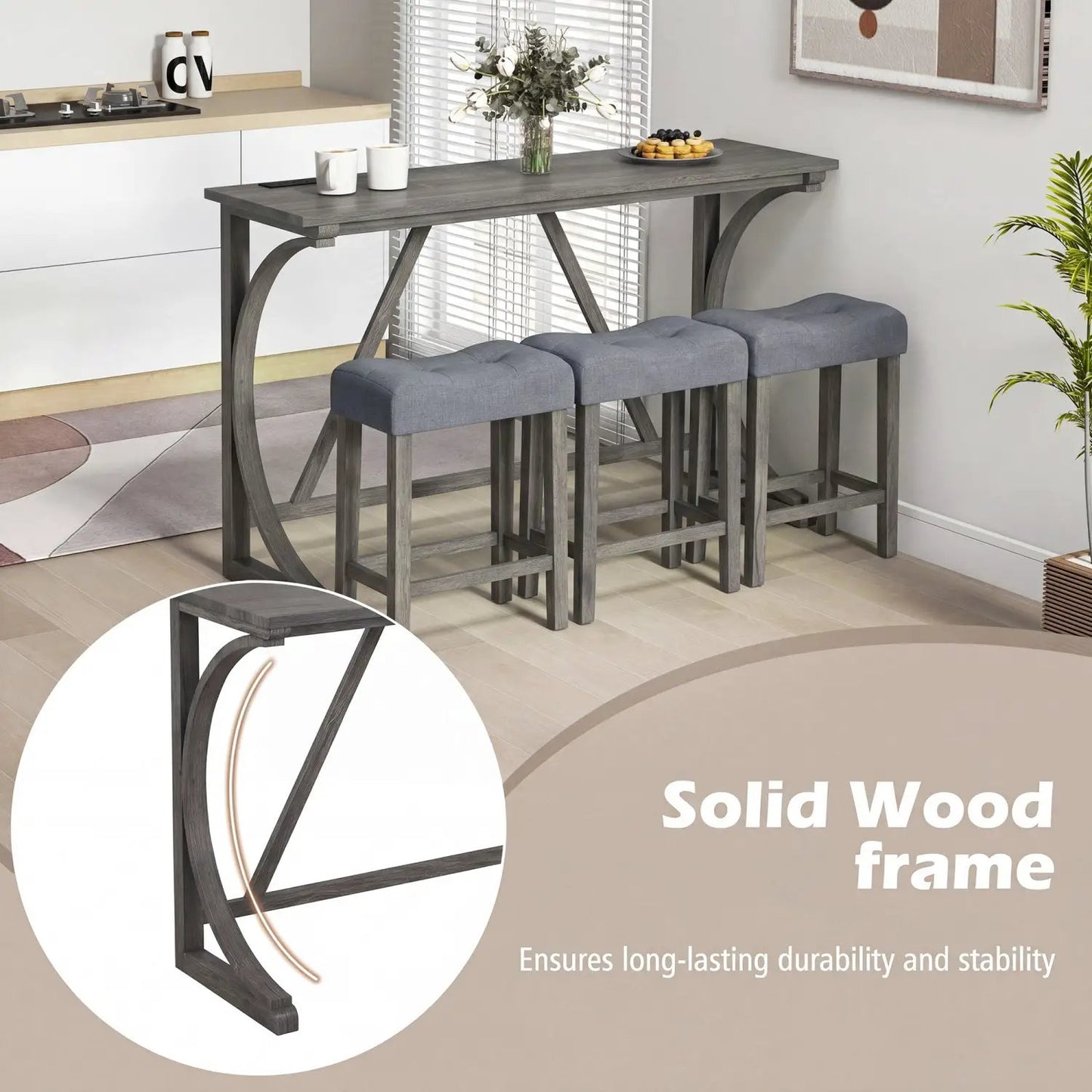 4-Piece Bar Table Set With Power Outlet Stools
