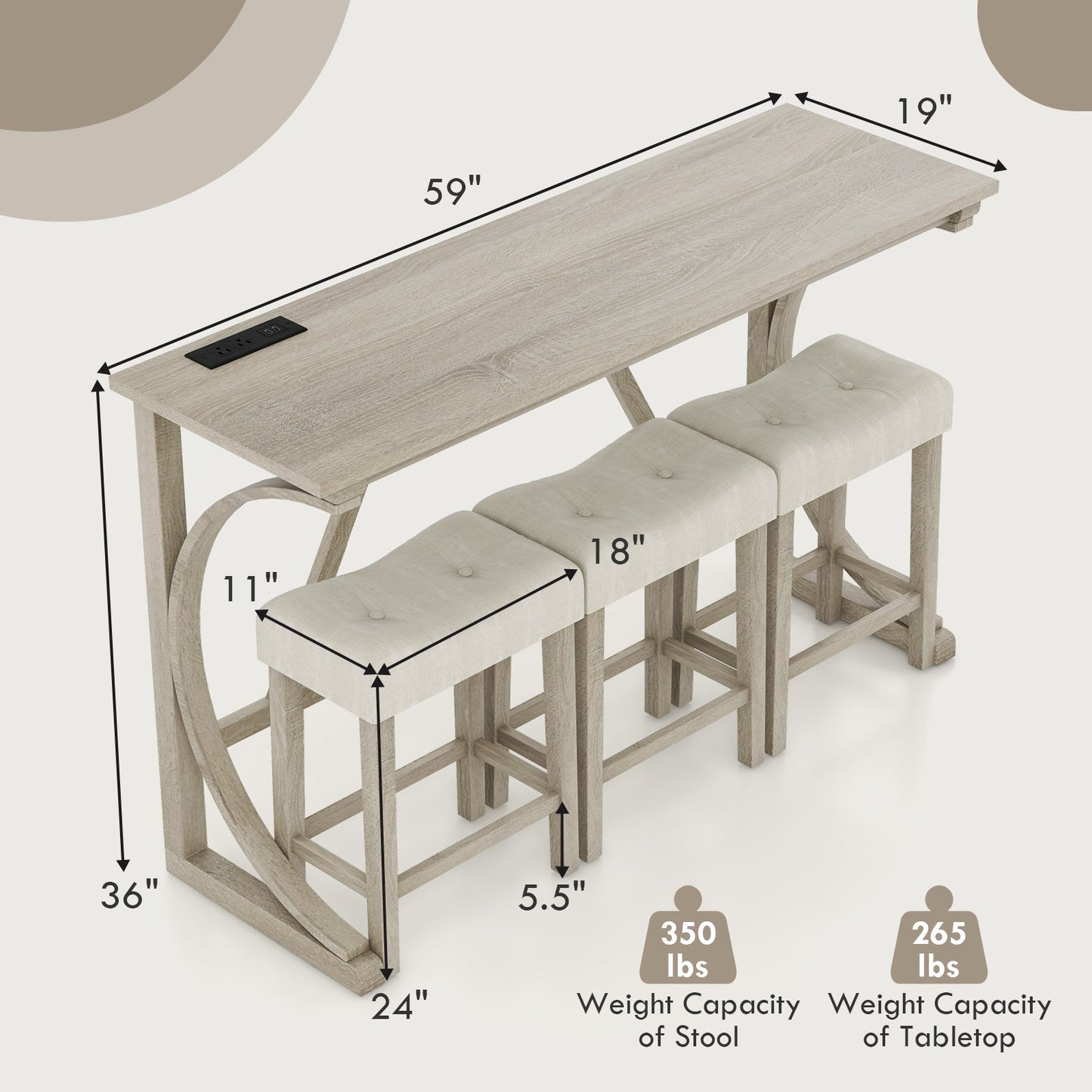 4-Piece Bar Table Set with Power Outlet and Upholstered Saddle Seat Stools-Grey and Beige