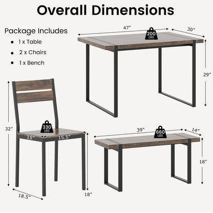 4-Piece Dining Table Set for 4 with 1 Bench and 2 Chairs-Gray