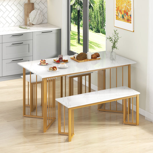 Juego de comedor de 4 piezas con banco y 2 taburetes - Blanco