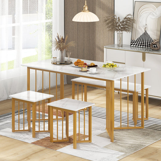 Juego de comedor de 4 piezas con banco y 2 taburetes - Blanco