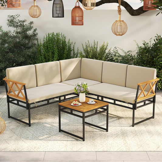 4 Pieces Patio L-Shaped Sofa Set with Cushions and Side Table-Brown - Tampa Home & Garden Store
