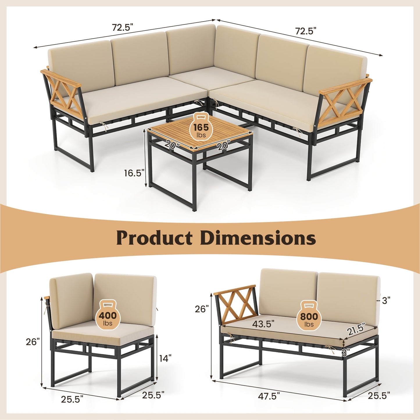 4 Pieces Patio L-Shaped Sofa Set with Cushions and Side Table-Brown