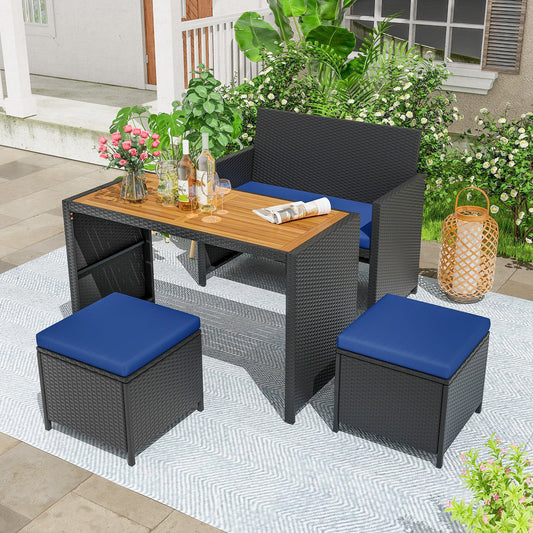 4 Piece Outdoor Dining Set with Wood Topped Dining Table  Rattan Loveseat Chair and 2 Ottomans-Navy - Tampa Home & Garden Store