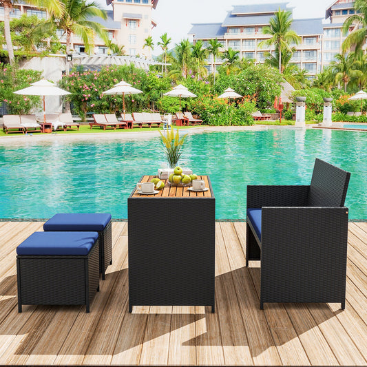 4 Piece Outdoor Dining Set with Wood Topped Dining Table  Rattan Loveseat Chair and 2 Ottomans-Navy - Tampa Home & Garden Store