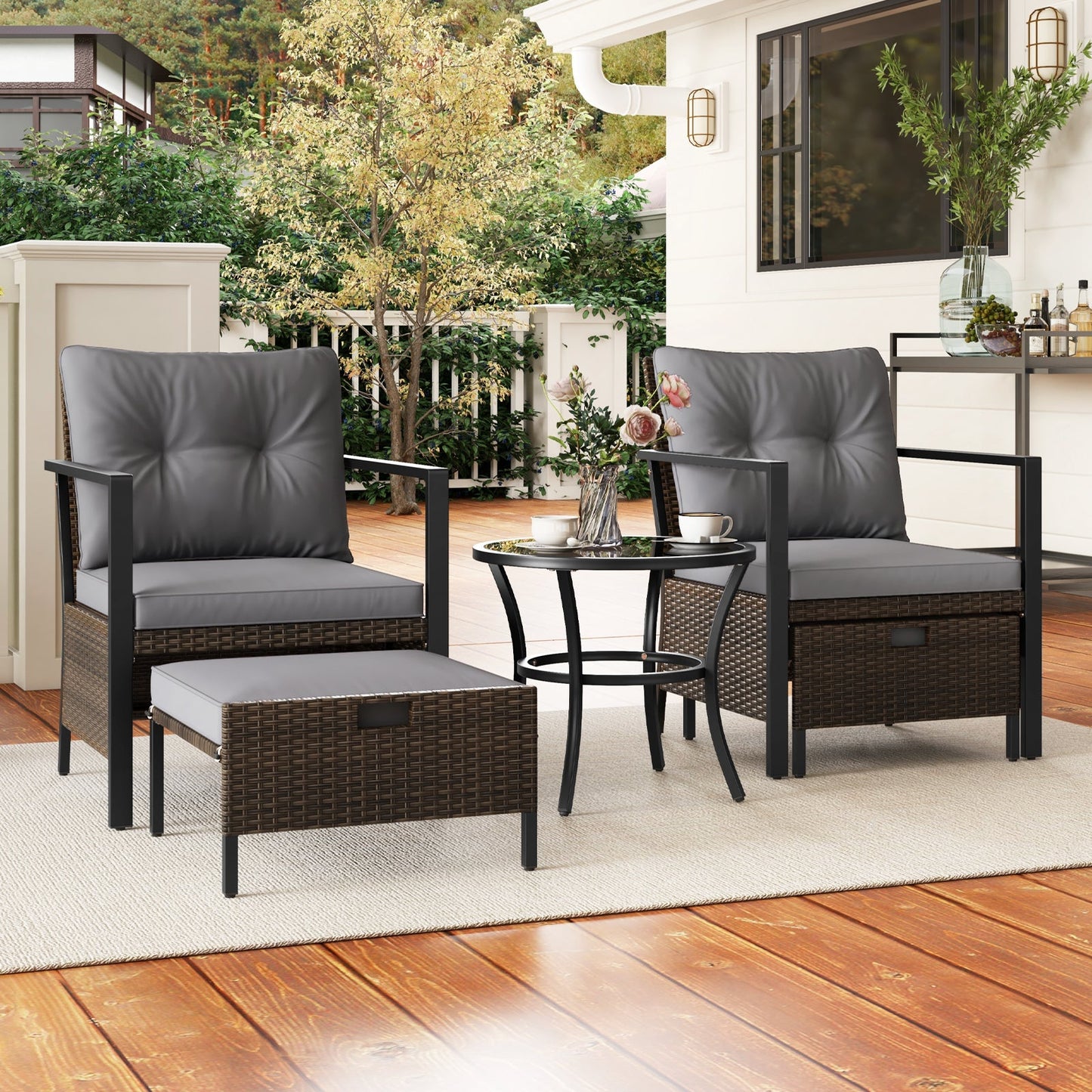 Juego de muebles de exterior de 4 piezas con mesa de centro de cristal - Gris