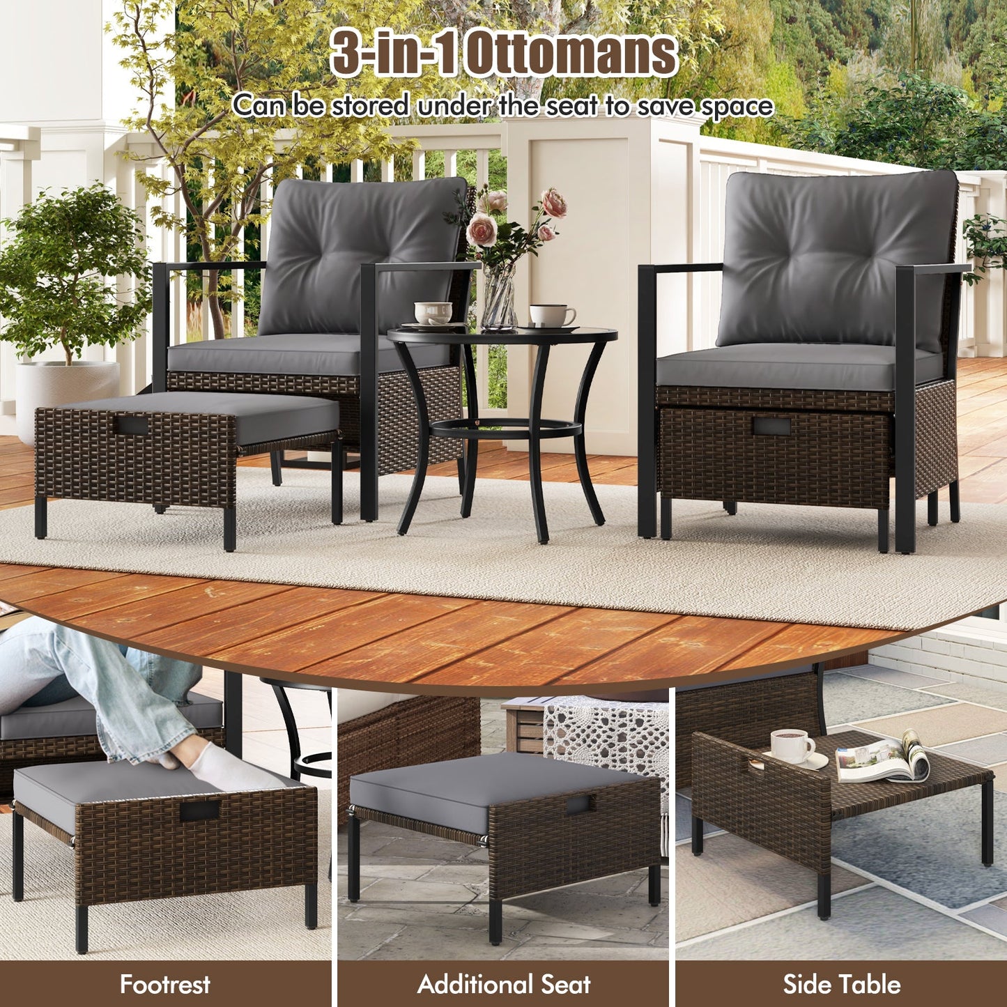 Juego de muebles de exterior de 4 piezas con mesa de centro de cristal - Gris