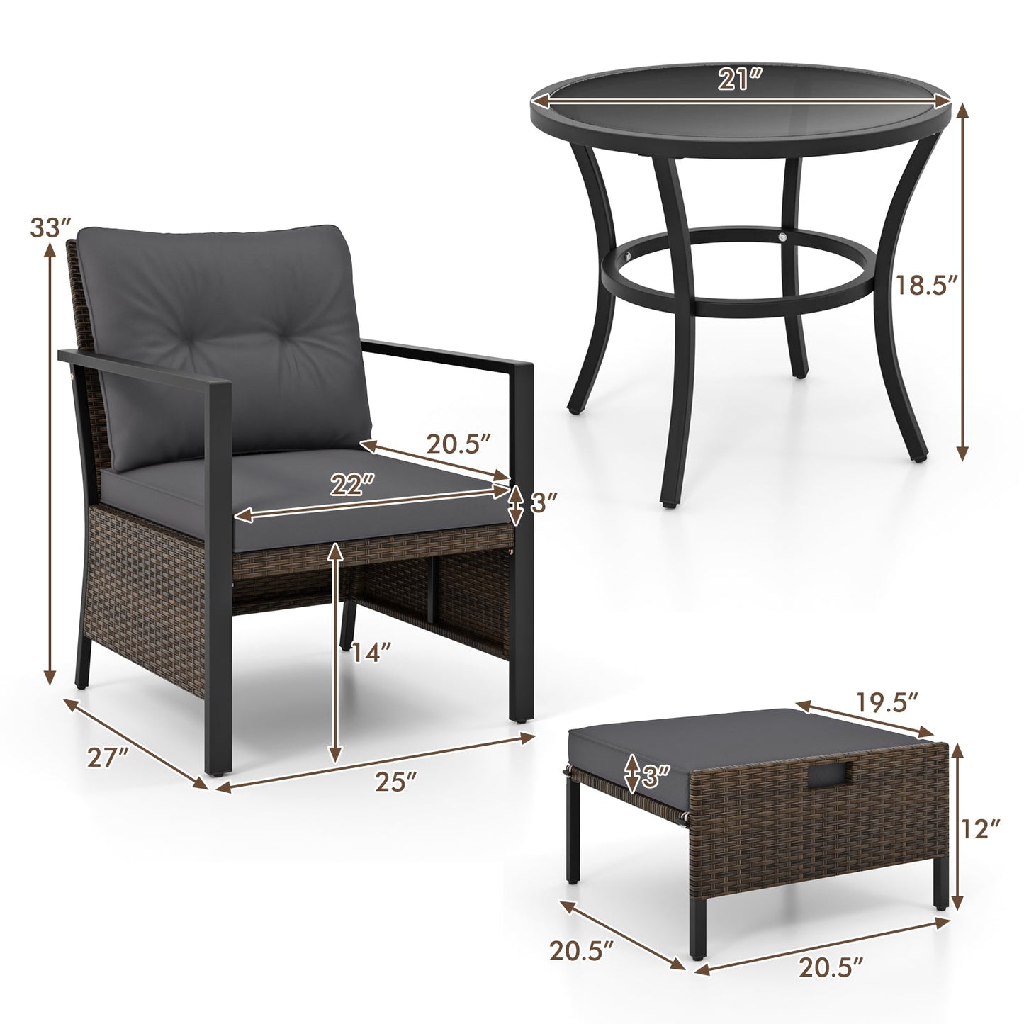 Juego de muebles de exterior de 4 piezas con mesa de centro de cristal - Gris