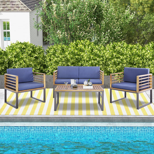 4 Piece Patio Acacia Wood Conversation Set with Soft Seat-Navy - Tampa Home & Garden Store