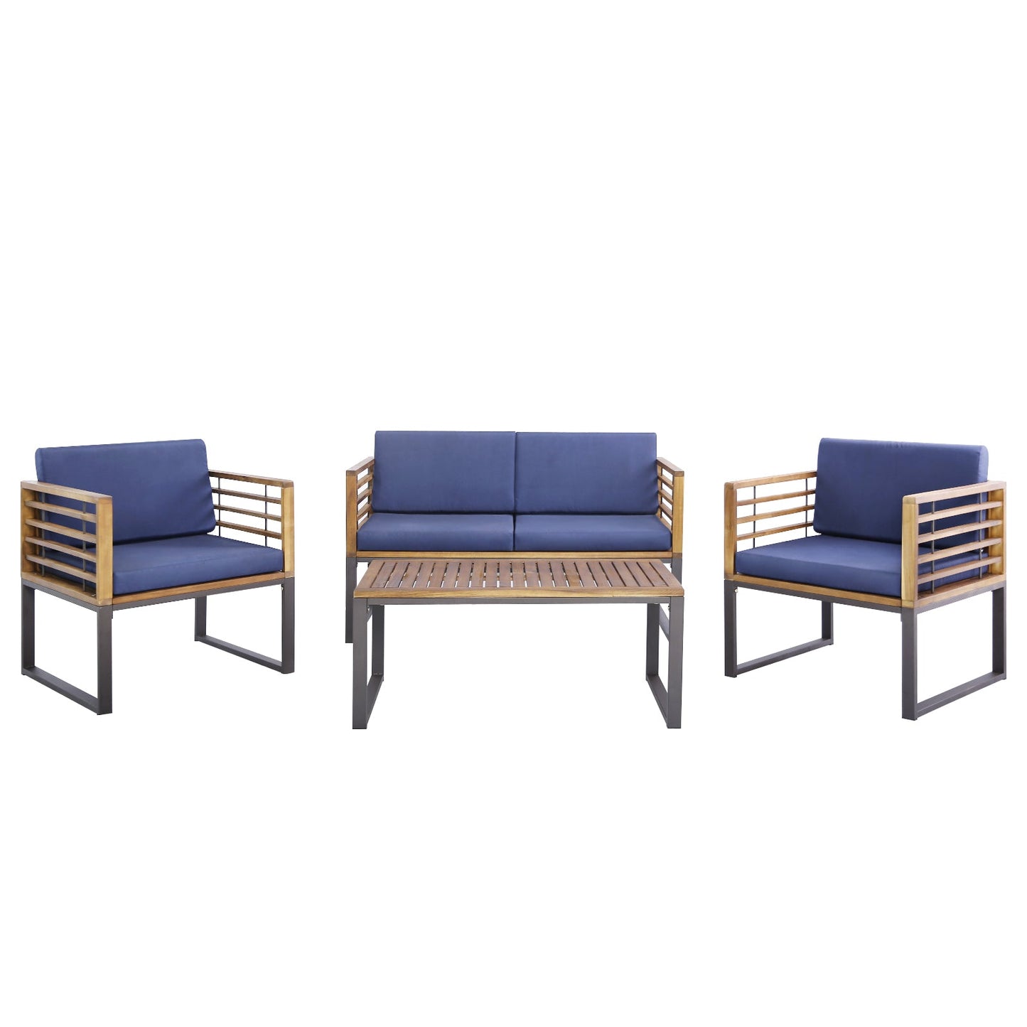 Juego de conversación de patio de madera de acacia de 4 piezas con asiento suave - Azul marino