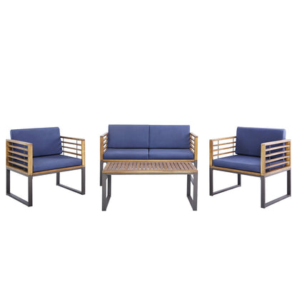 Juego de conversación de patio de madera de acacia de 4 piezas con asiento suave - Azul marino