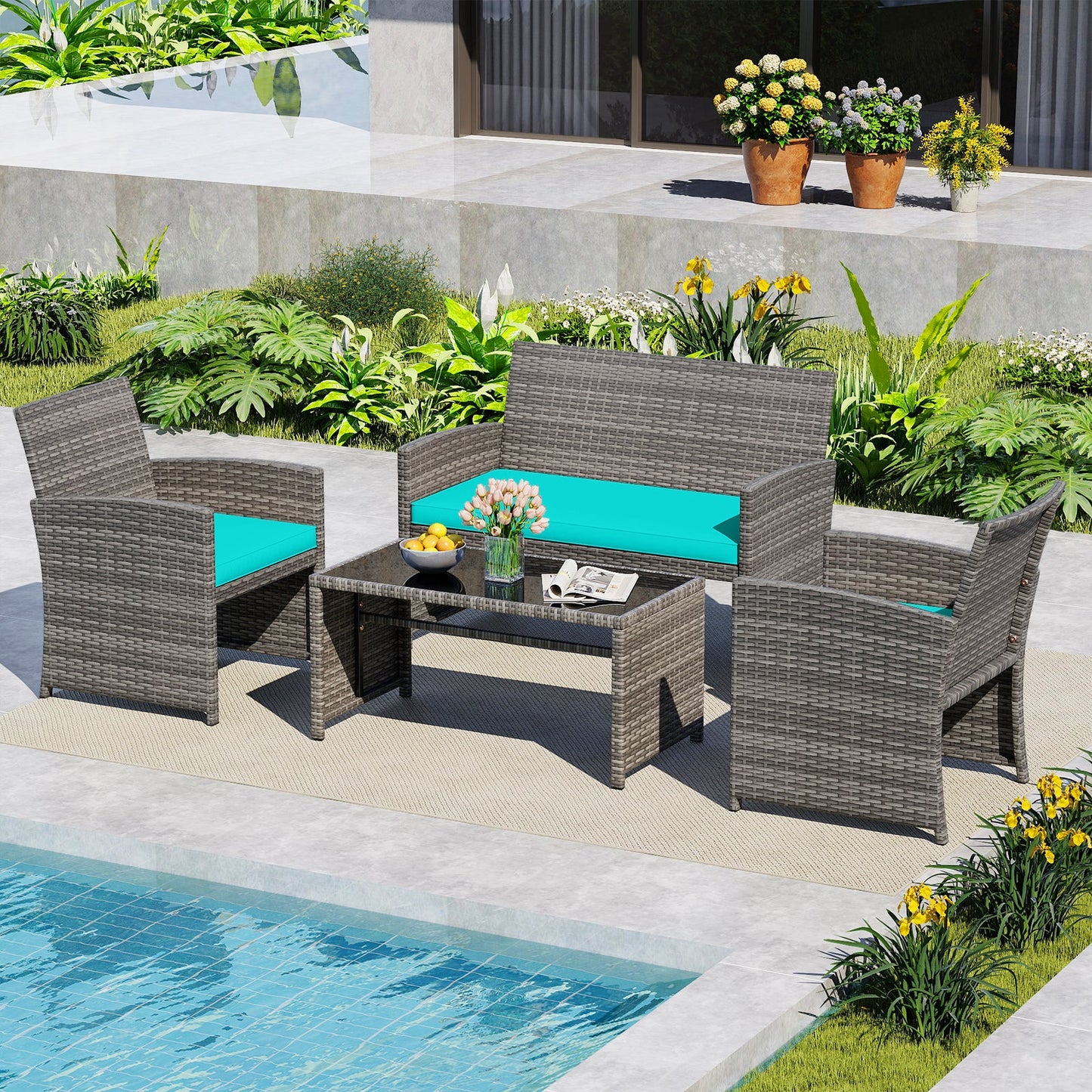 4 Piece Patio Conversation Set Rattan Chair Loveseat and Table Set