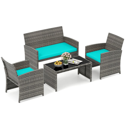 4 Piece Patio Conversation Set Rattan Chair Loveseat and Table Set