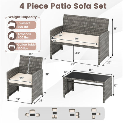 4 Piece Patio Conversation Set Rattan Chair Loveseat and Table Set