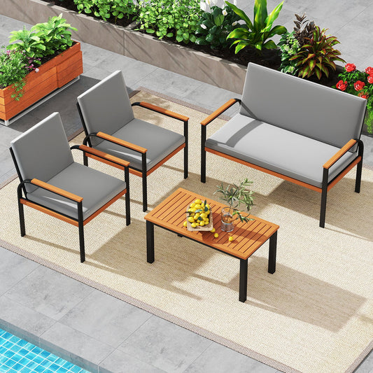 4 Piece Patio Furniture Set with Coffee Table and Loveseat with Removable Cushions-Gray - Tampa Home & Garden Store