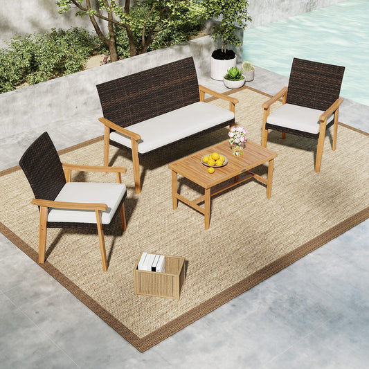 4 Piece Patio Furniture Set PE Rattan Porch Chairs with Acacia Wood Coffee Table and Soft Cushions-White - Tampa Home & Garden Store