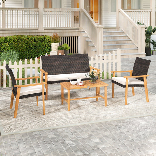 4 Piece Patio Furniture Set PE Rattan Porch Chairs with Acacia Wood Coffee Table and Soft Cushions-White - Tampa Home & Garden Store