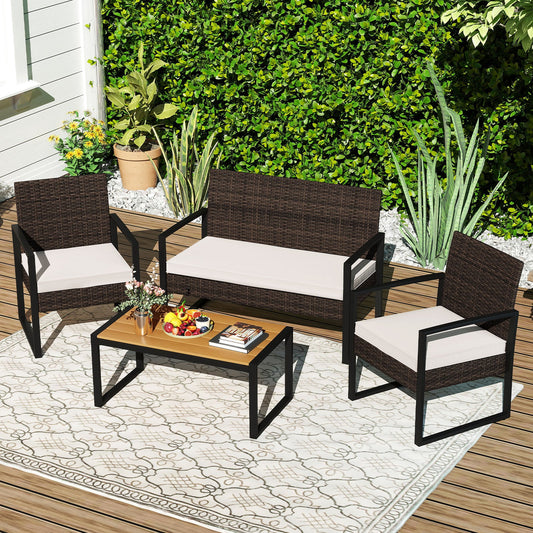 4 Piece Patio Furniture Set Outdoor Rattan Conversation Set with Cushioned Chairs and Wood Plastic Coffee Table-Off White - Tampa Home & Garden Store