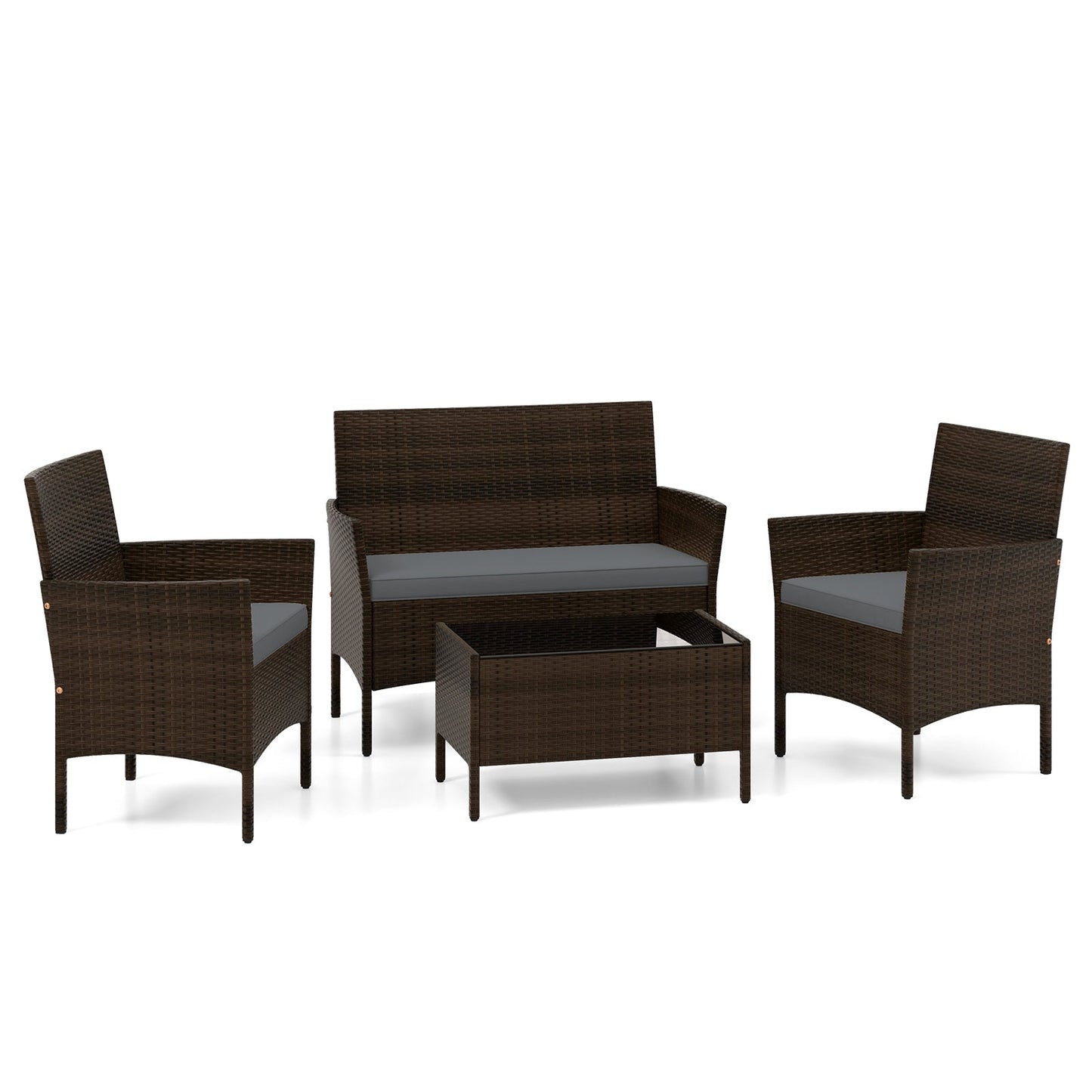 4 Piece Patio Rattan Conversation Set with Cozy Seat Cushions-Beige