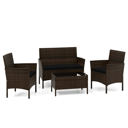 4 Piece Patio Rattan Conversation Set with Cozy Seat Cushions-Beige