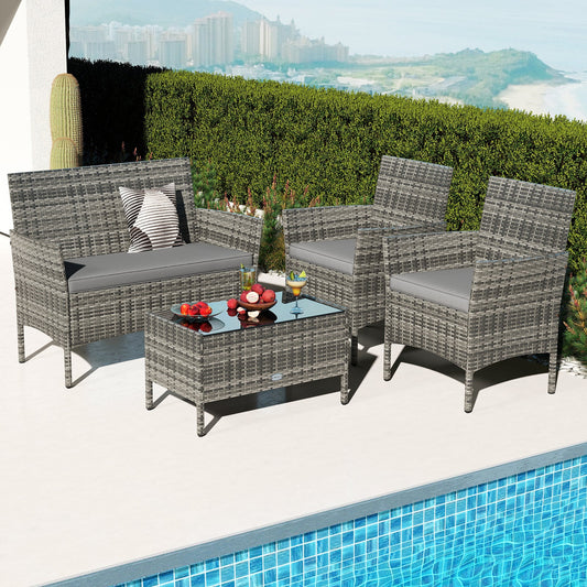 4 Piece Patio Rattan Conversation Set with Cozy Seat Cushions-Light Gray - Tampa Home & Garden Store