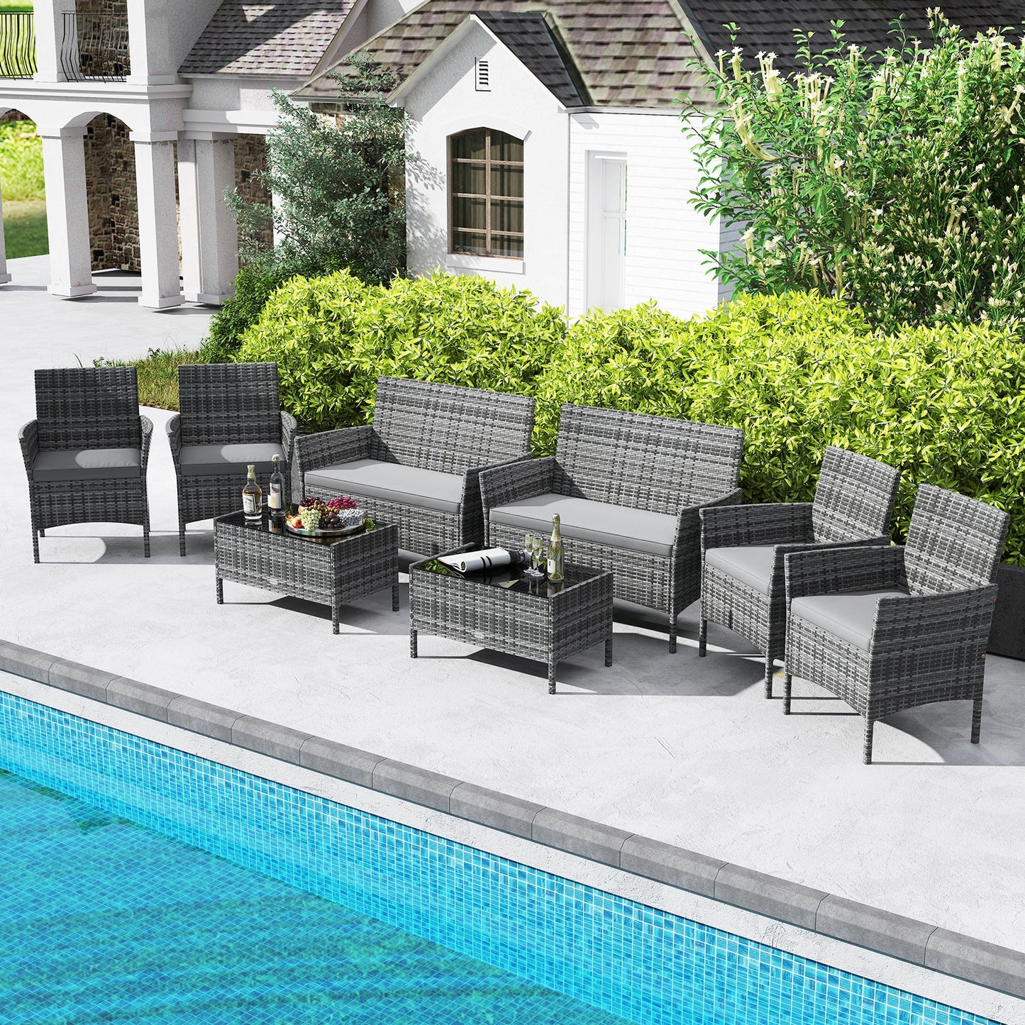 Juego de 4 piezas de patio de ratán con cojines cómodos para asiento - Gris claro
