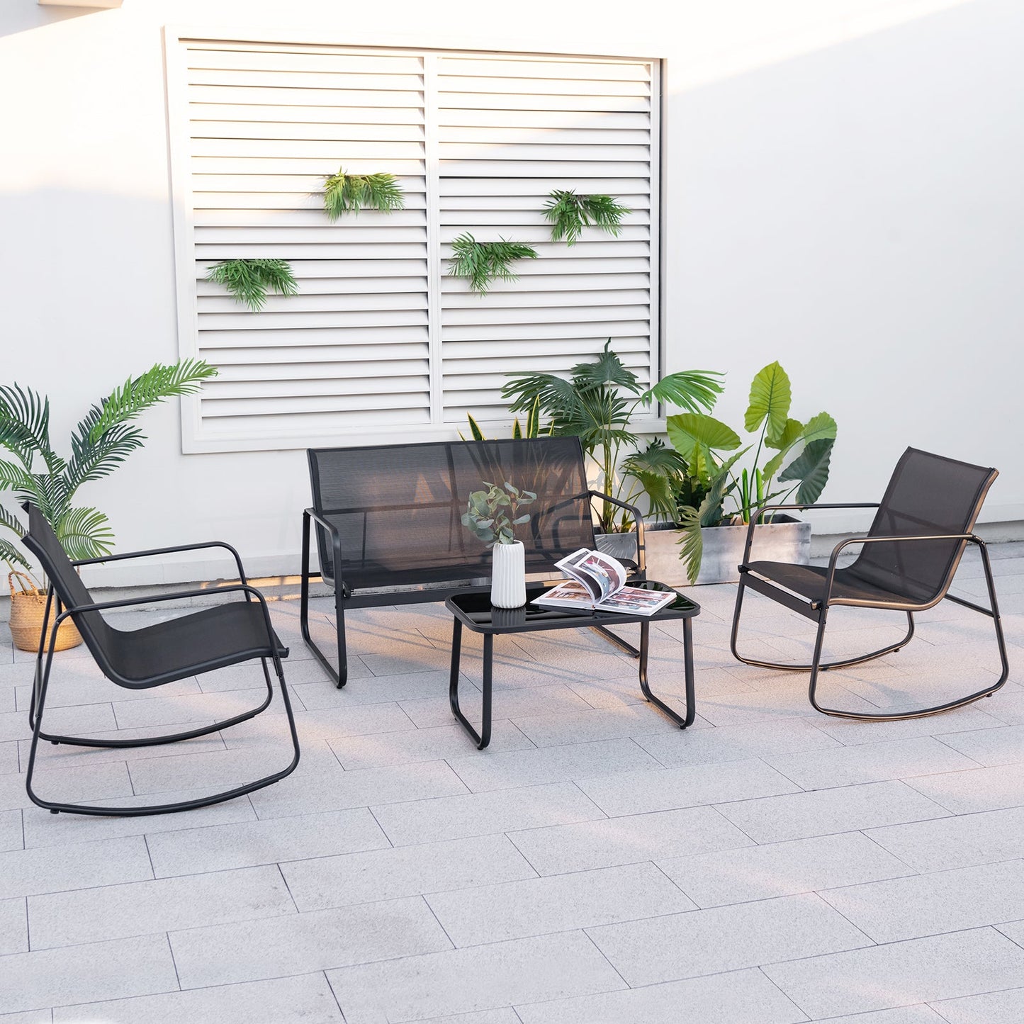 Juego de mecedoras de jardín de 4 piezas con mesa de cristal - Negro