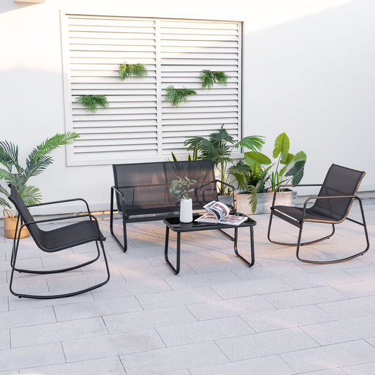 4 Piece Patio Rocking Set with Glass-Top Table-Black - Tampa Home & Garden Store