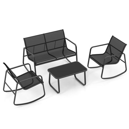 Juego de mecedoras de jardín de 4 piezas con mesa de cristal - Negro